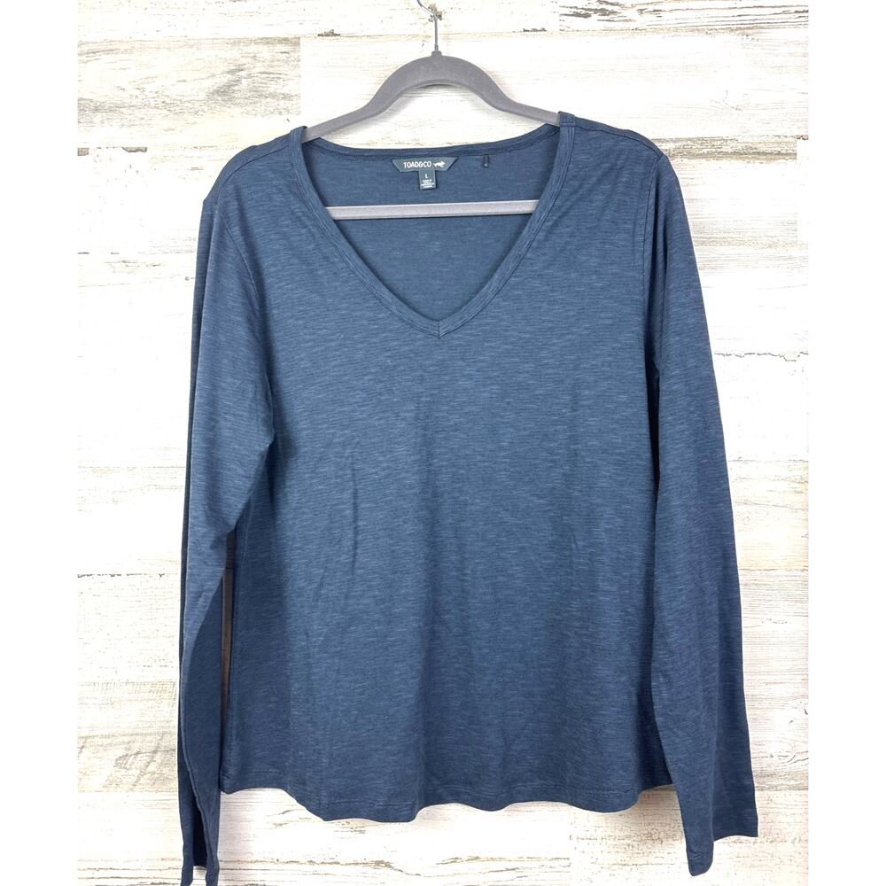 Toad & Co Womens L Blue Thin Stripe V Neck Long Sleeve Lightweight Casual Top